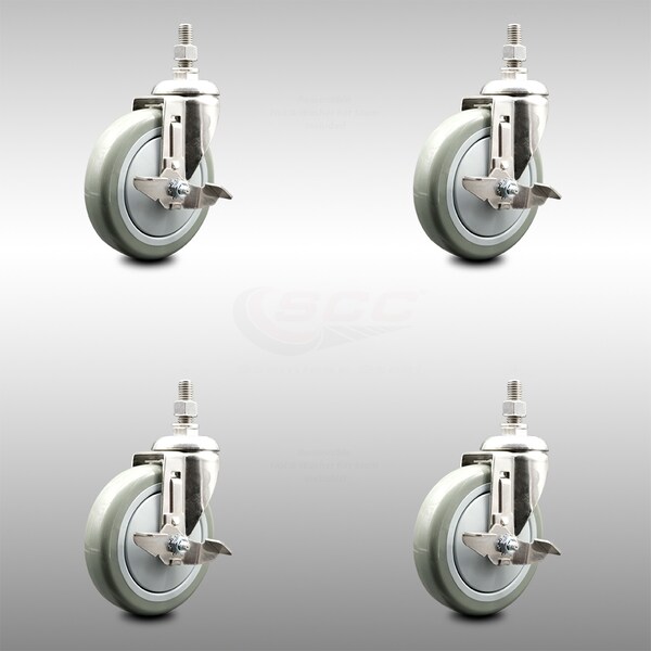 Service Caster 5 Inch 316SS Gray Polyurethane Swivel 1/2 Inch Threaded Stem Caster Set Brake SCC SCC-SS316TS20S514-PPUB-TLB-121315-4 - main